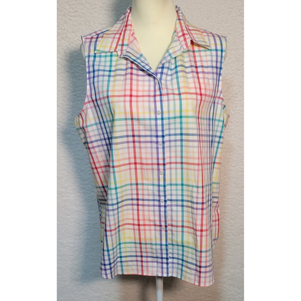 Lands End No Iron Supima Sleeveless Blouse Size 16 Women's Button Plaid 1943